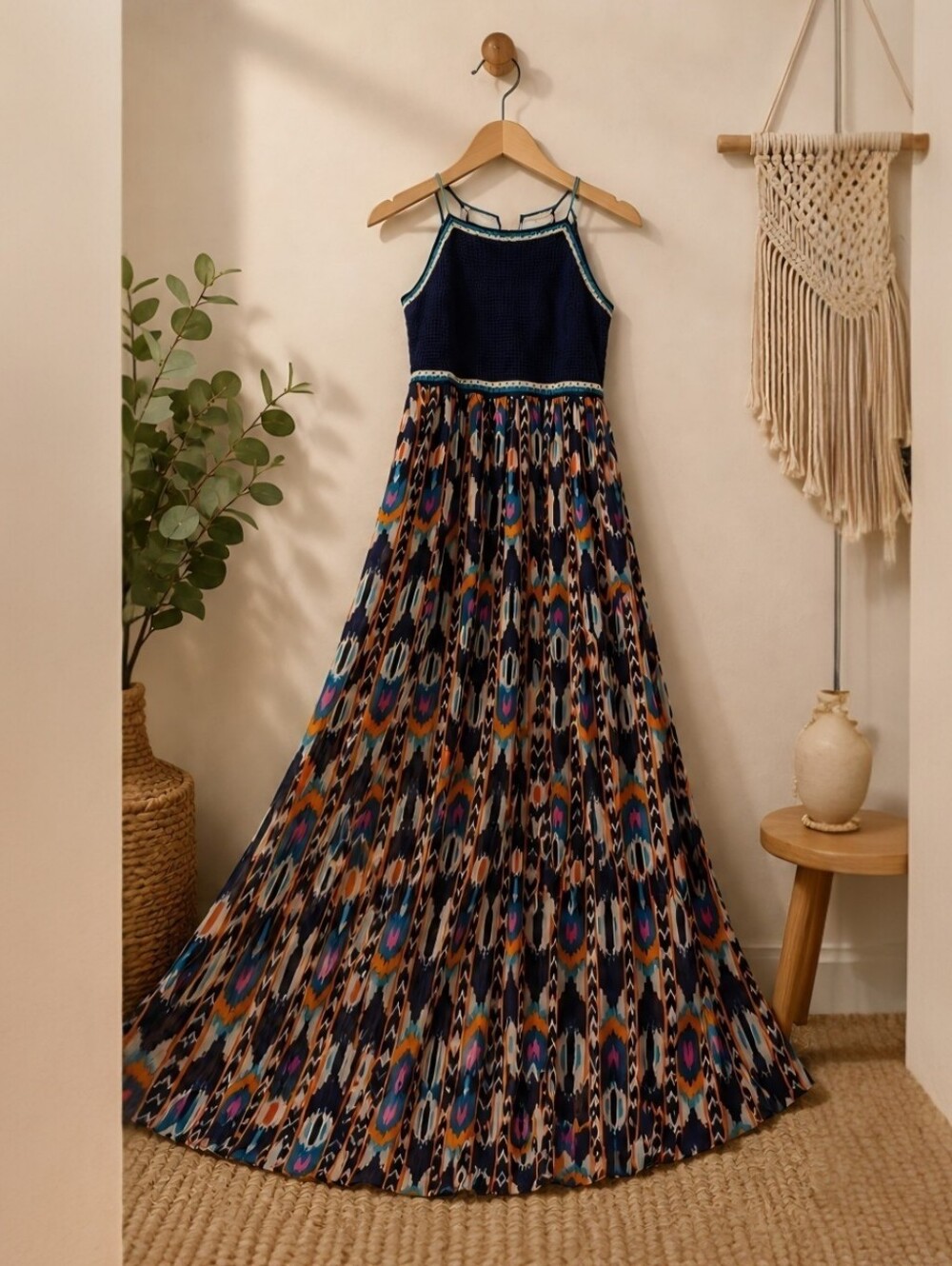 Xhilaration~ Boho Maxi Dress Navy Ikat Print Crochet Bodice Small